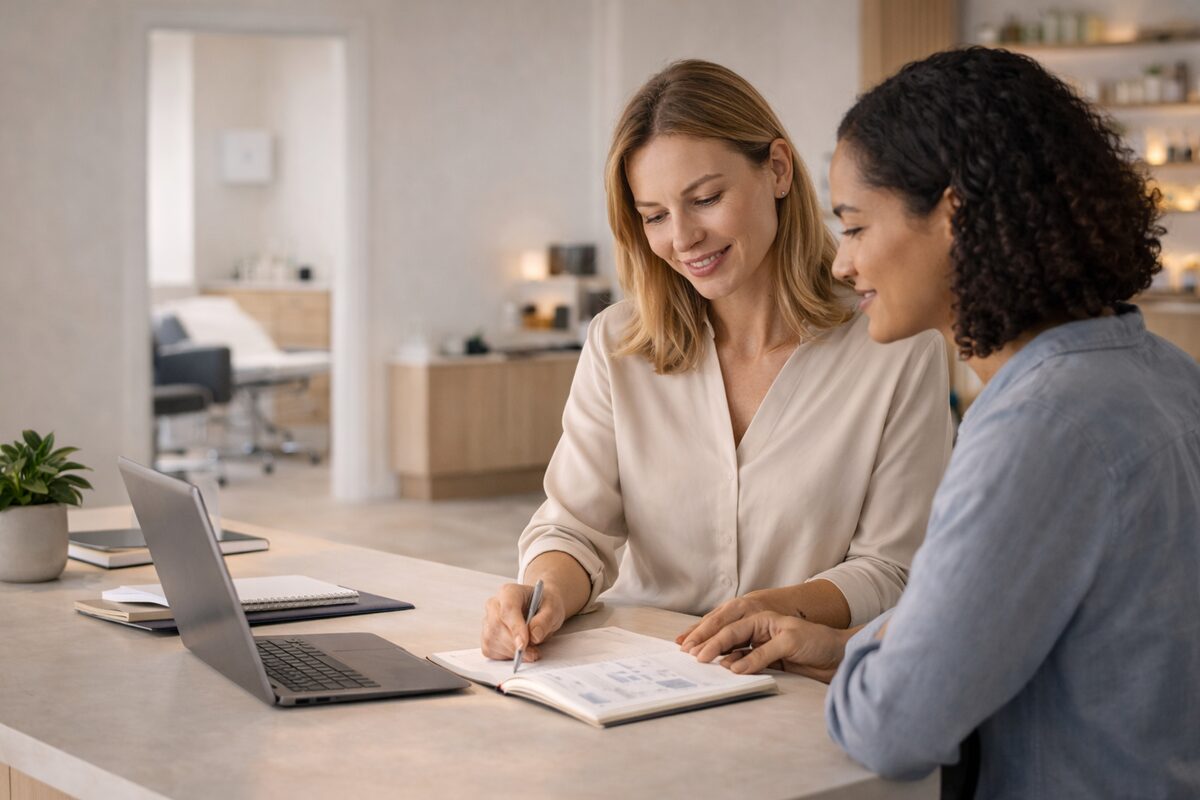 Two professionals reviewing documentation in a modern workspace